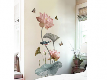 Sticker flori nufăr roz pal, Folina, decor floral cu fluturi şi păsări, 120 cm înălţime