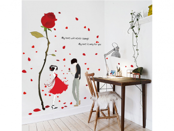 Sticker decorativ Indrăgostiţi, decor cu trandafir roşu şi inimioare