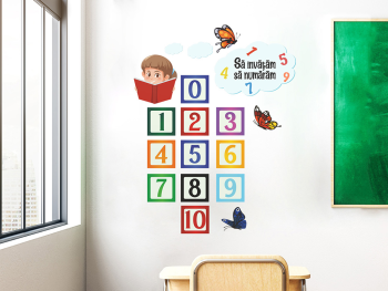 Sticker educativ Invățăm să numărăm, numere în pătrate, decorațiune pentru școli și grădinițe, planșă de100x65 cm, racletă inclusă