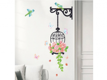 Sticker Colivie, flori roz şi păsări, decor perete hol, bucatărie, balcon