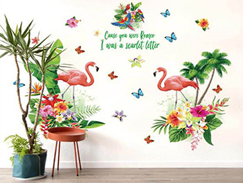 Sticker perete Decor Tropical, palmieri şi păsări flamingo