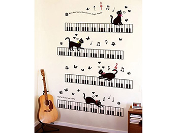 Sticker perete Muzica, Folina, model cu clape pian şi pisici, planşă de 90x60 cm
