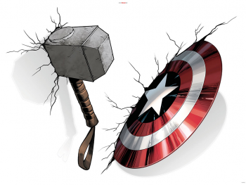 Stickere 3D Armele Supereroilor, Komar, Avengers Hammer and Shield, planşă de 100x70 cm