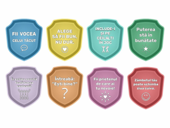 Set 8 stickere educative cu mesaje, Eroii prieteniei, pentru decor sală de clasă