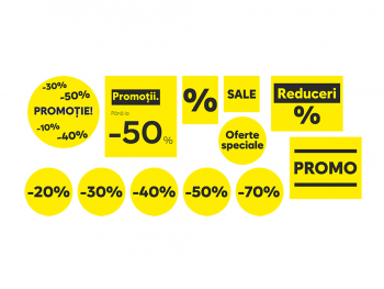 Set 12 stickere repoziționabile pentru reduceri promoționale, culoare galbenă, Folina, racletă aplicare inclusă