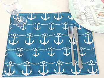 Set 7 bucati suport farfurie textil, Folina, imprimeu cu ancore, turcoaz, 42 x 30 cm