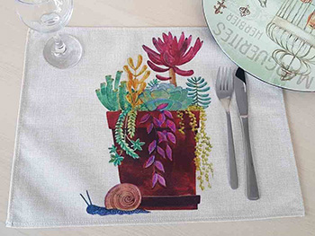 Set 6 Suport farfurie textil, Folina, imprimeu ghiveci cu flori, multicolor, 42x30 cm