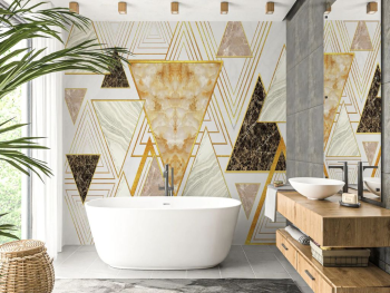 Tapet baie rezistent la apă, Gold, model geometric marmorat cu accente aurii