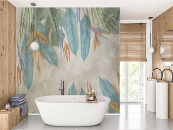 Tapet baie Tropical Leaves, gri cu frunze colorate, pentru decor tropical, material Brush cu Water System rezistent la apă