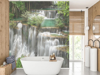 Tapet baie peisaj natural cu cascadă tropicală – material premium rezistent la apă