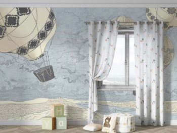 Fototapet artistic cu baloane cu aer cald și oraș vintage – design ilustrat, vlies, dimensiuni personalizabile