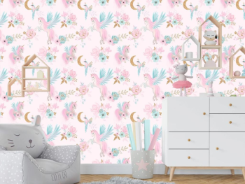 Fototapet cu unicorni roz, flori pastel și accente aurii – decor magic pentru camera fetițelor, vlies, dimensiuni personalizabile