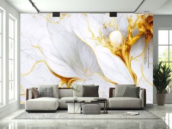 Fototapet cu model abstract Swirls of Liquid Marble, imitaţie marmură gri cu detalii bej aurii, 416x290cm
