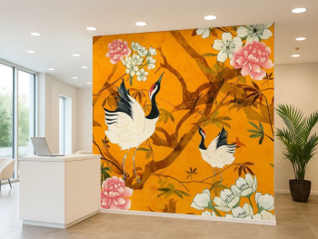 Fototapet vlies Marburg Falina – model chinoiserie portocaliu cu păsări și flori - 265x270 cm