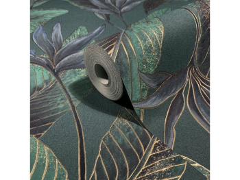 Tapet premium Marburg Whisper 36466 - decor perete accent verde cu frunze tropicale cu detalii aurii