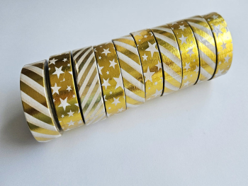 Set 10 role washi tape, benzi adezive cu stelute si dungi aurii, 15 mm x 10 m